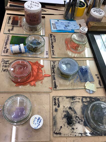 Glass paints and pigments used for the detailed butterfly panels