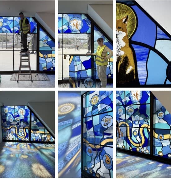 Six views of the stained-glass panels being installed and illuminated at V&A East Museum