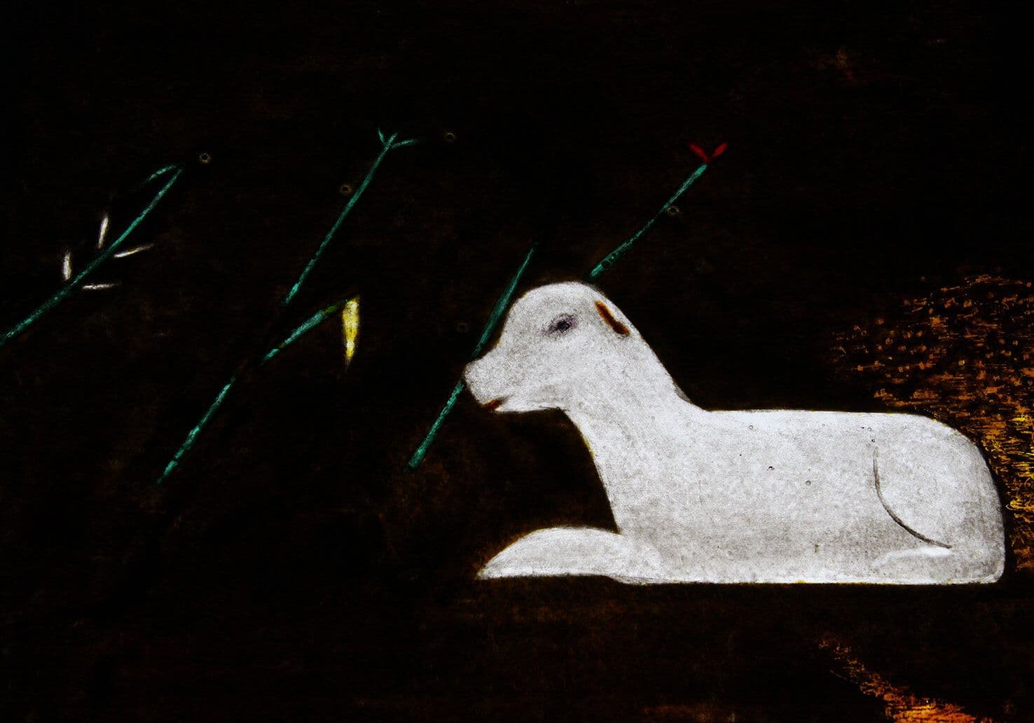 White lamb detail against the dark fused-glass background