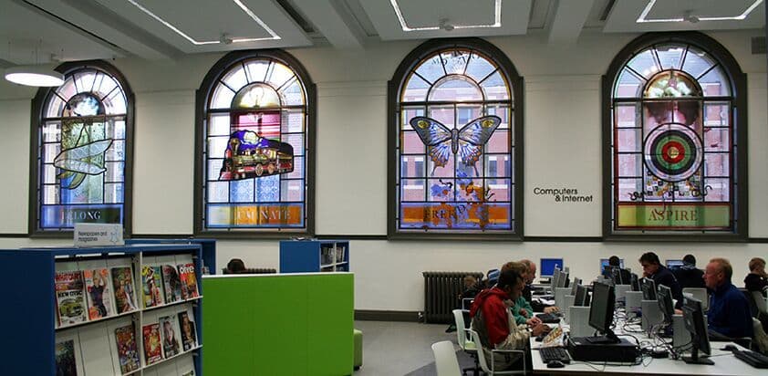 Wide view of the completed library windows above the reading area