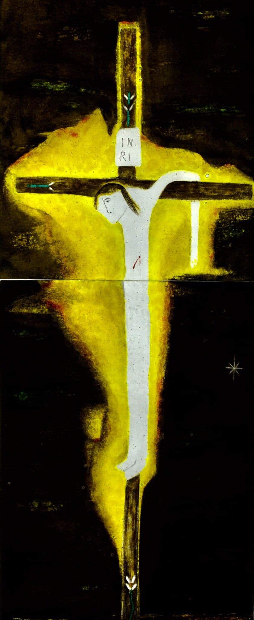 Full illuminated crucifixion figure from the Craigie Aitchison window