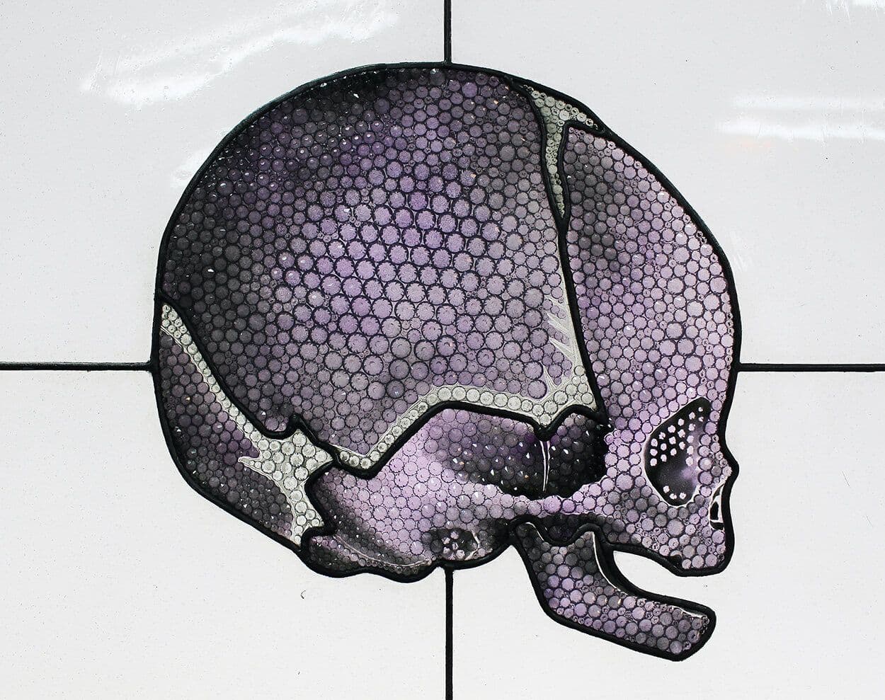 Completed purple skull window viewed from the side