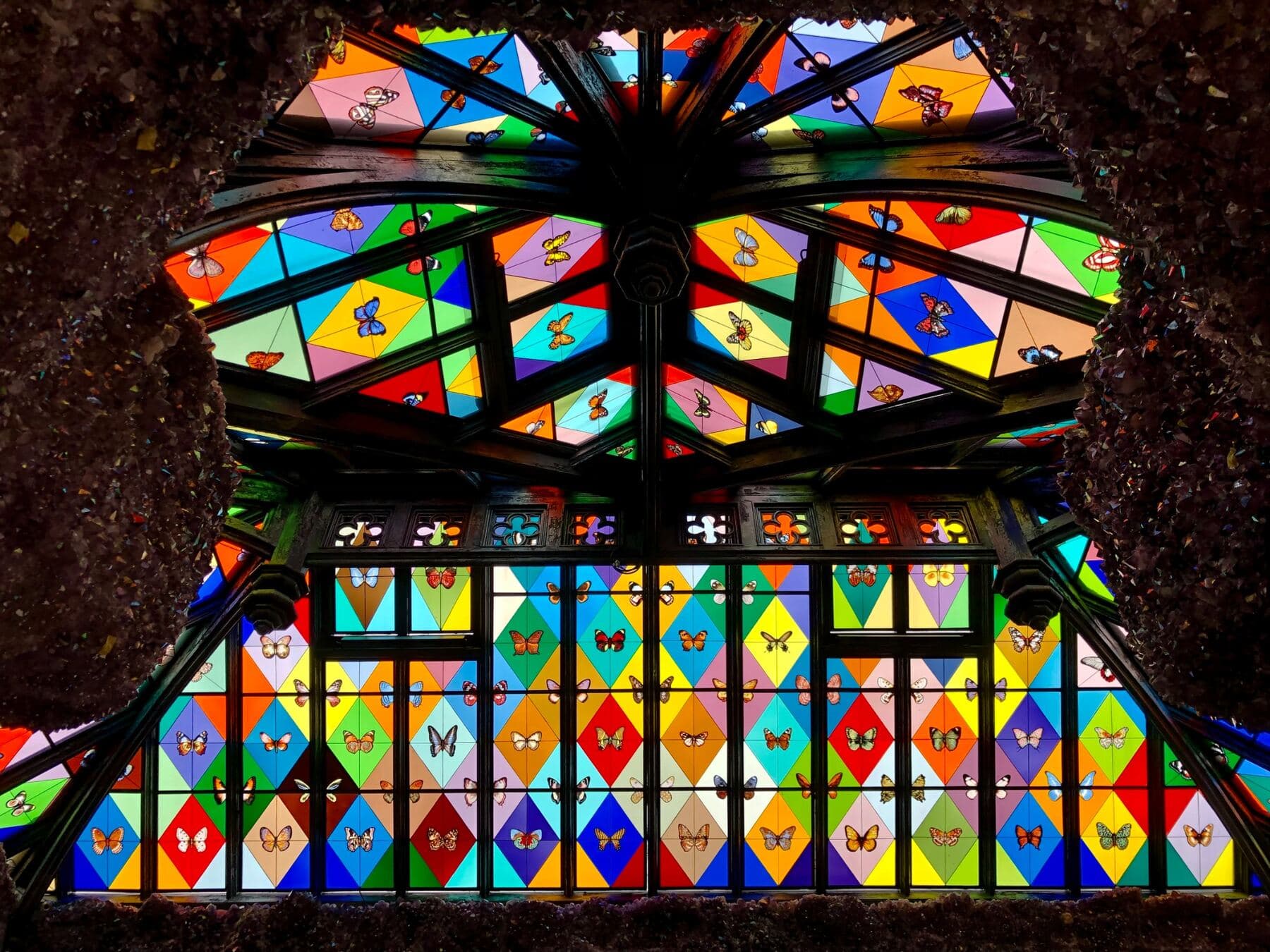The completed stained-glass conservatory roof with butterfly panels