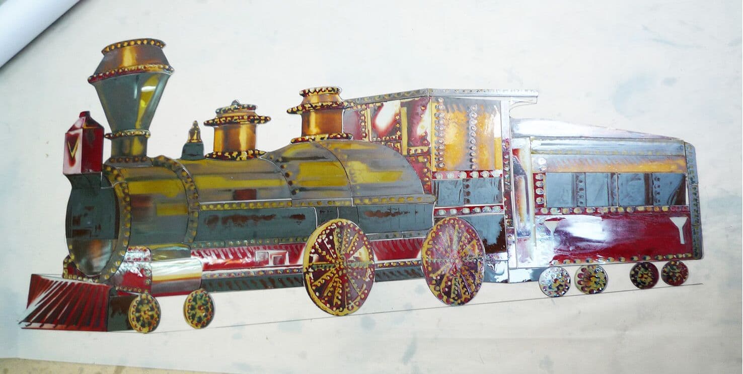 A full-colour design drawing for the illuminated train