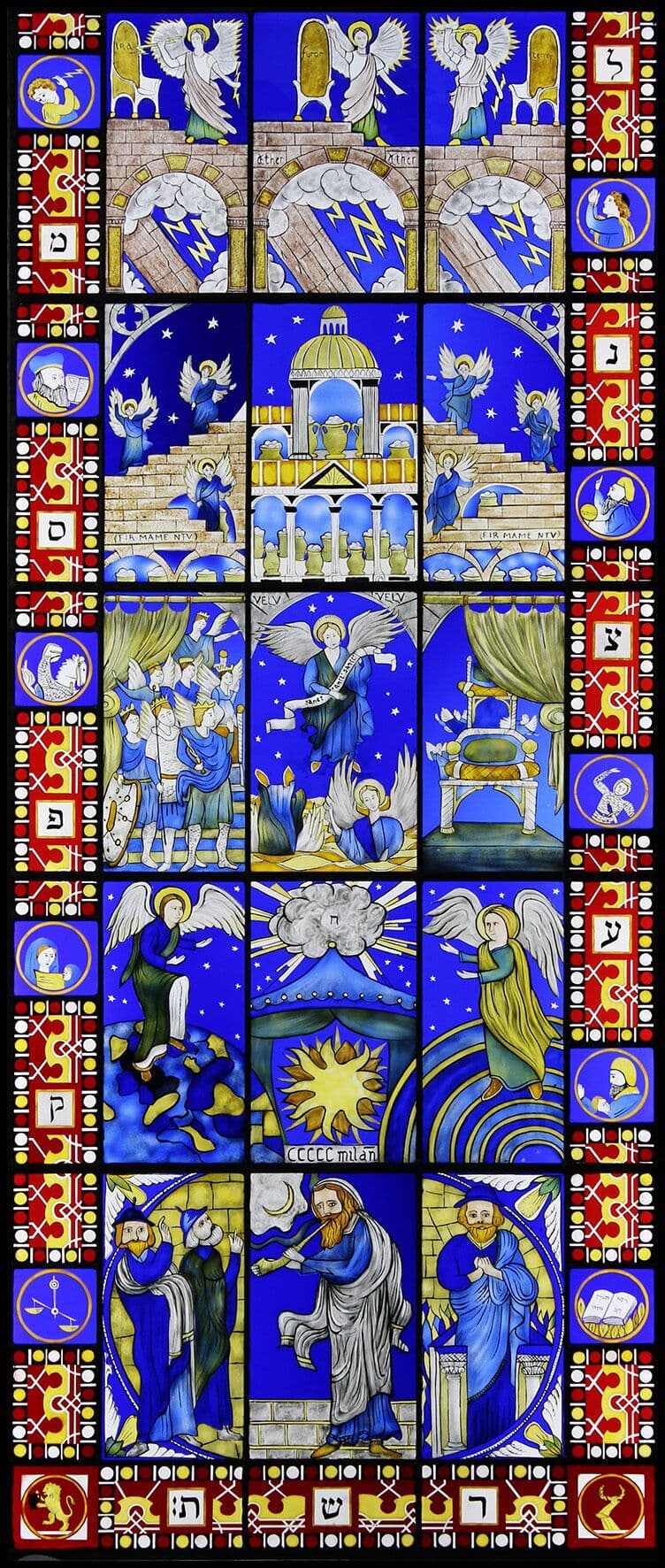 Full view of the completed seven-heavens stained-glass composition